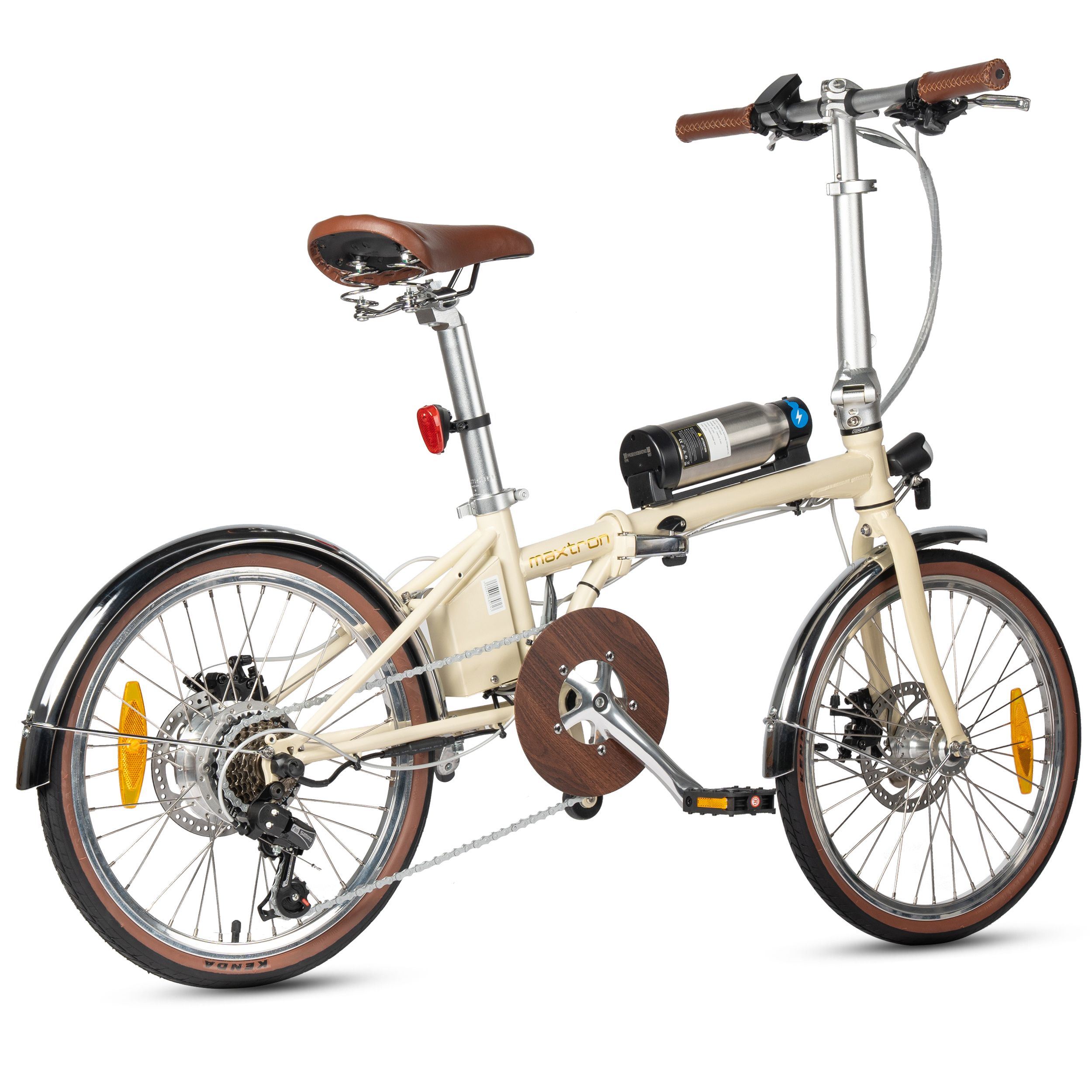Beige E-Bike mit braunen Reifen und Sattel. Sichtbar: Motor, Akku, Schutzbleche, Bremsen. Aufschrift: Maxtron.