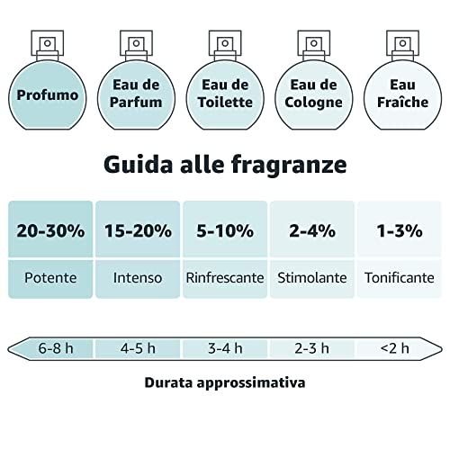 Grafik mit fünf Parfümtypen: Profumo, Eau de Parfum, Eau de Toilette, Eau de Cologne, Eau Fraîche. Konzentrationen und Haltbarkeit.
