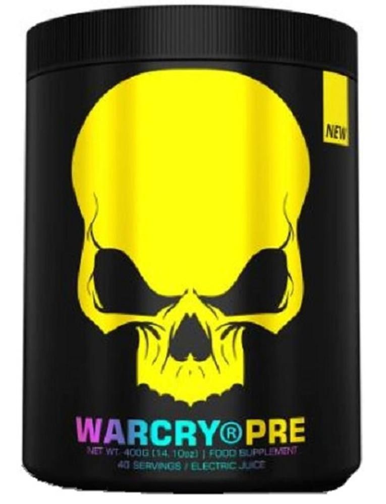 Schwarze Dose mit gelbem Totenkopf-Design. Aufschrift: WARCRY PRE, Netto 400g, 40 Portionen. Mit 'NEW' Aufkleber.