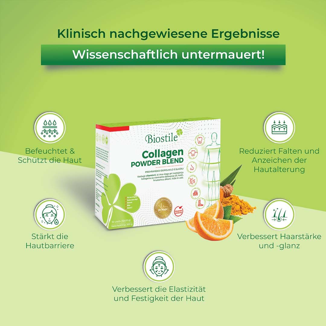 Biostile Collagen Powder Blend Packung mit Icons für Hautfeuchtigkeit und Anti-Aging.
