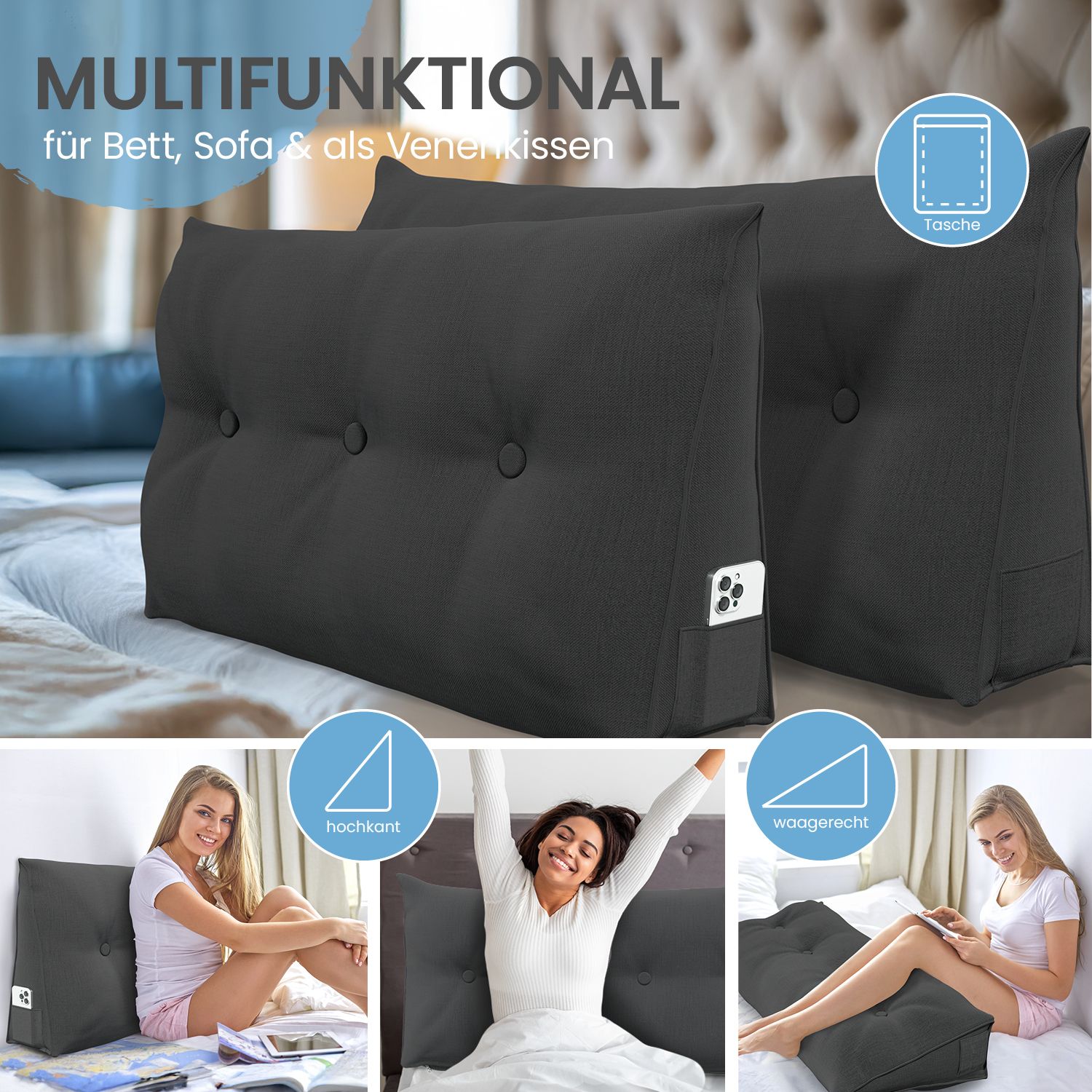 Graue Keilkissen mit Knöpfen. Mehrere Szenen. Frau sitzt und liegt. Smartphone in Tasche. Text: "MULTIFUNKTIONAL".