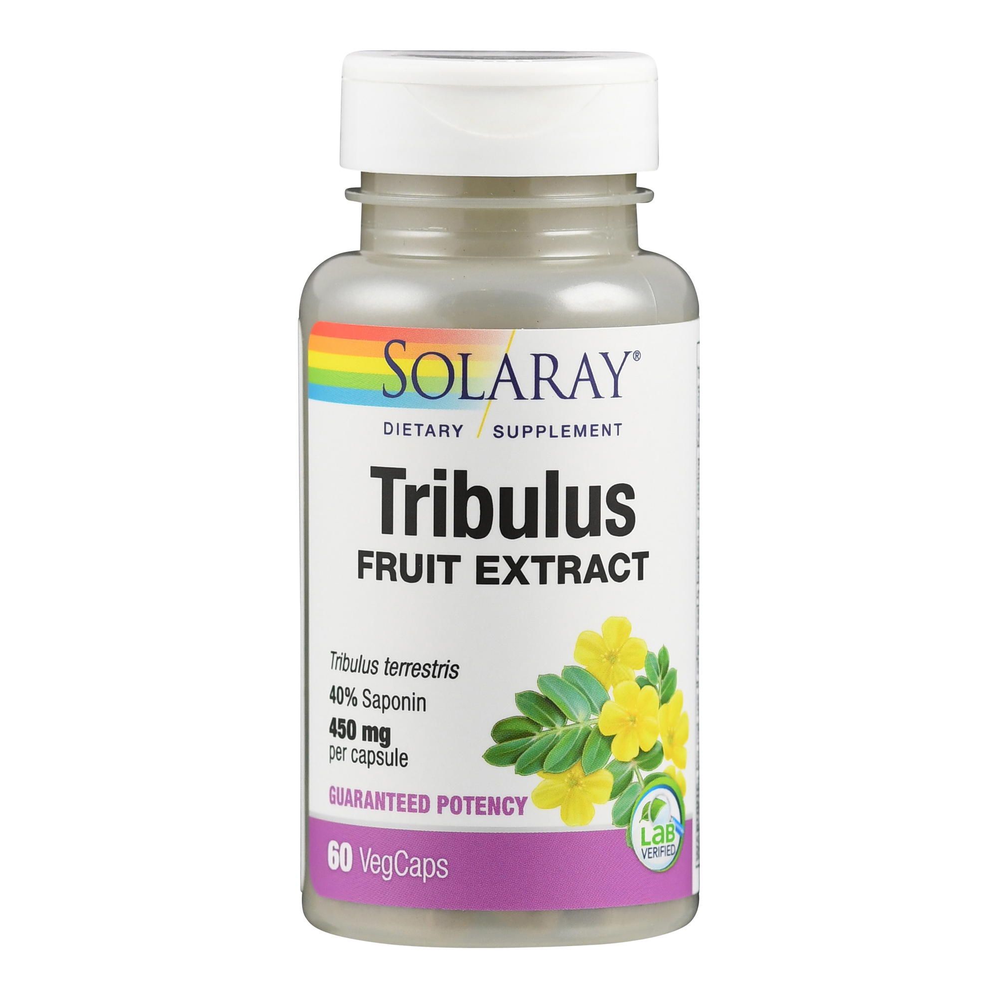 Solaray Tribulus Fruit Extract Flasche. Enthält 60 VegCaps. Mit Regenbogen-Logo. Aufschrift: Guaranteed Potency.