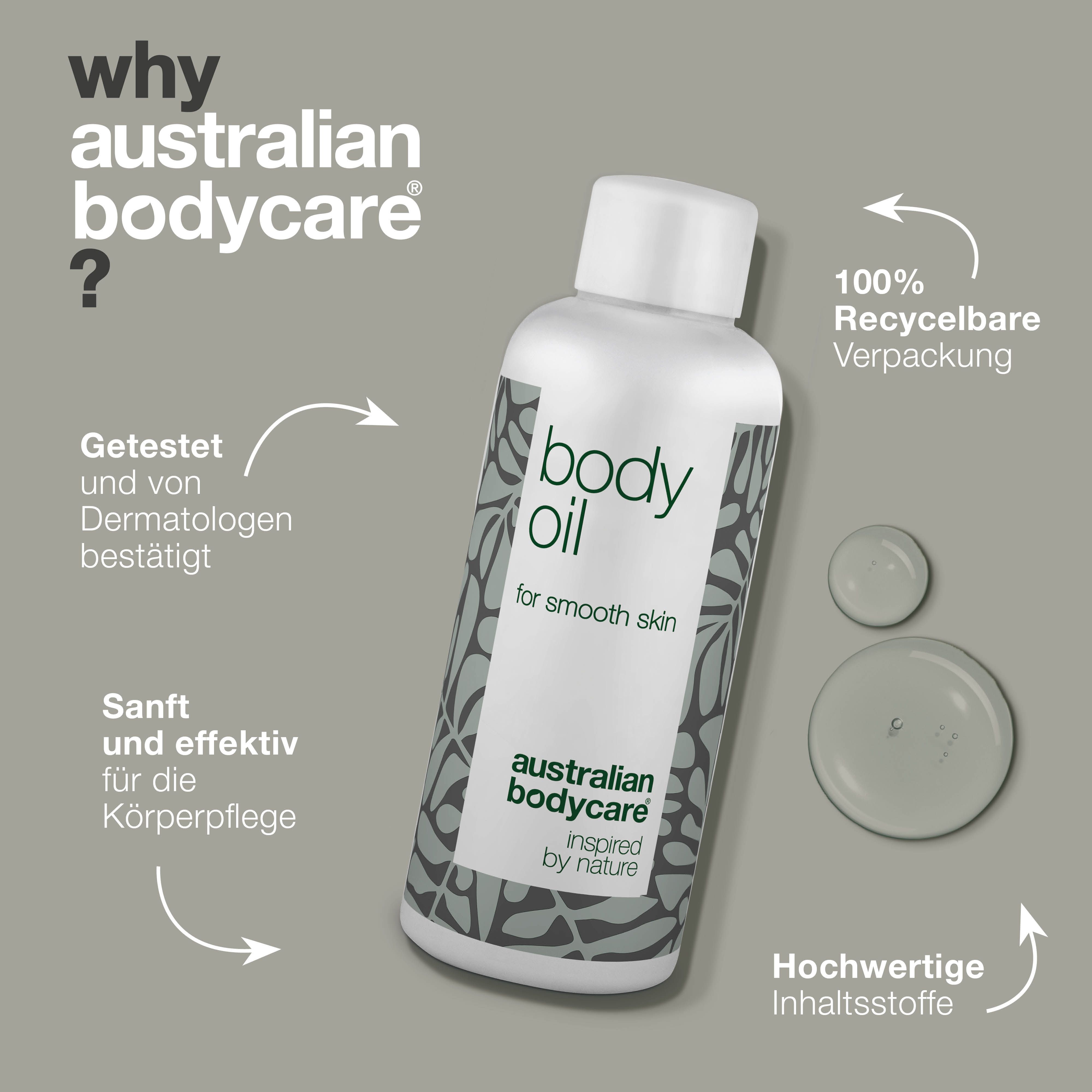 Flasche und Tropfen. Aufschrift: body oil, for smooth skin, australian bodycare. Text über Vorteile.