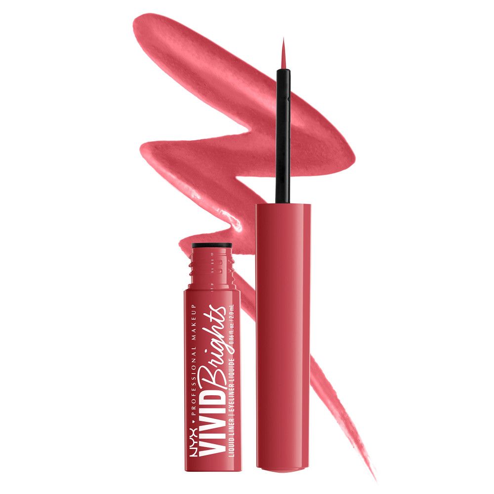 Roter flüssiger Eyeliner mit Applikator und Farbspritzer.