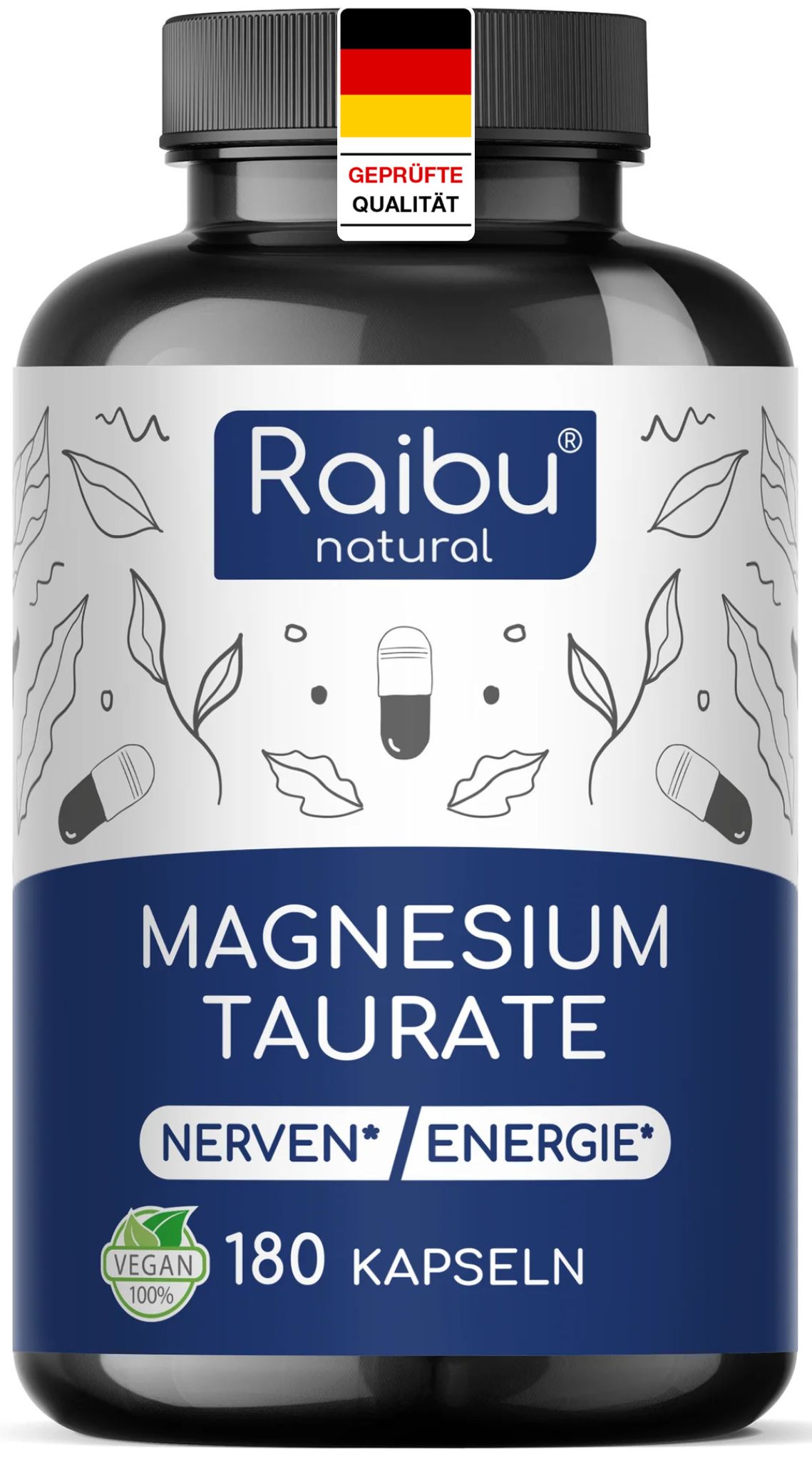 Dunkle Flasche mit Kapseln. Aufschrift: Raibu natural, Magnesium Taurat, 180 Kapseln. Vegan-Siegel. Geprüfte Qualität.
