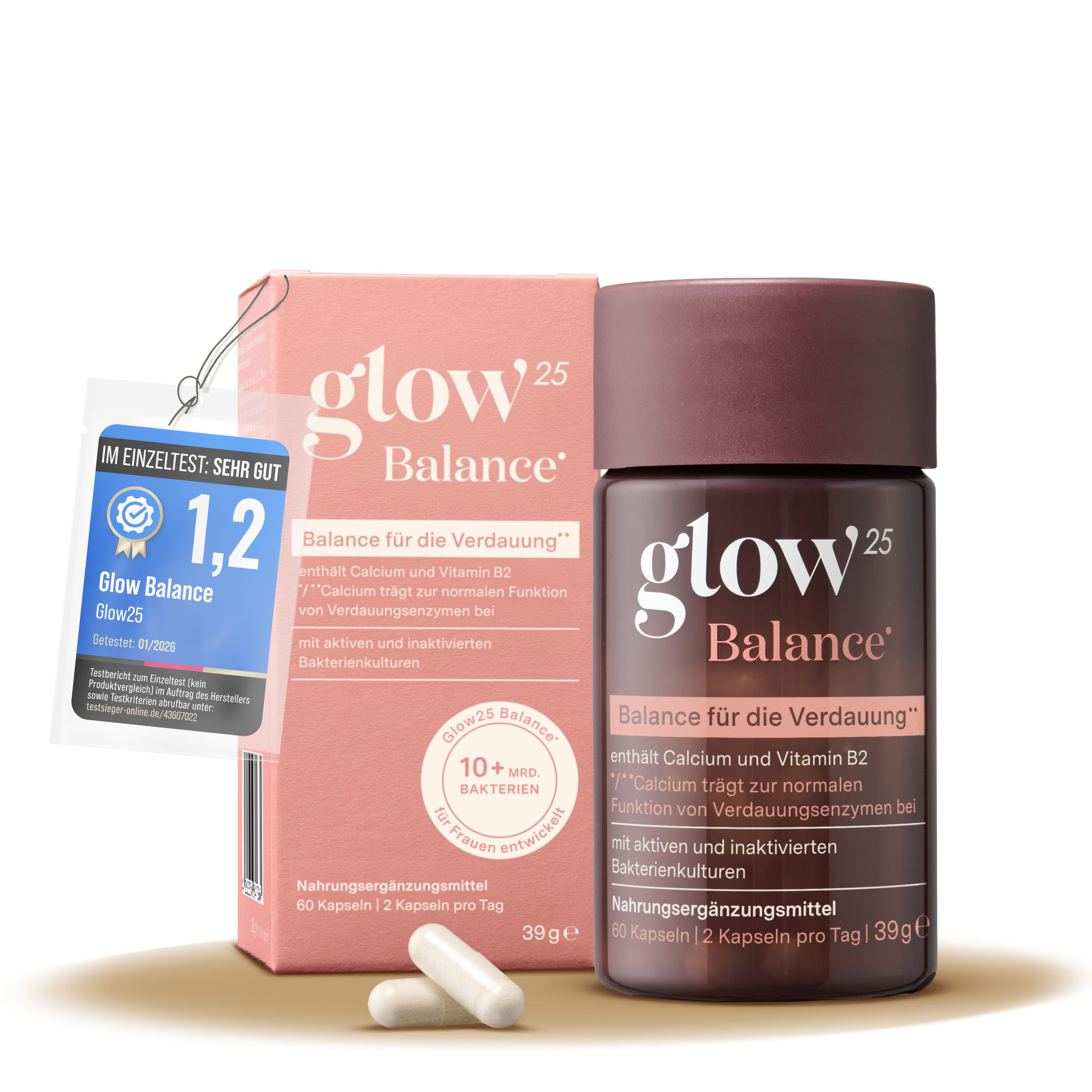 Glow25 Balance Dose und Faltschachtel mit zwei Kapseln. Enthält eine Bewertung.