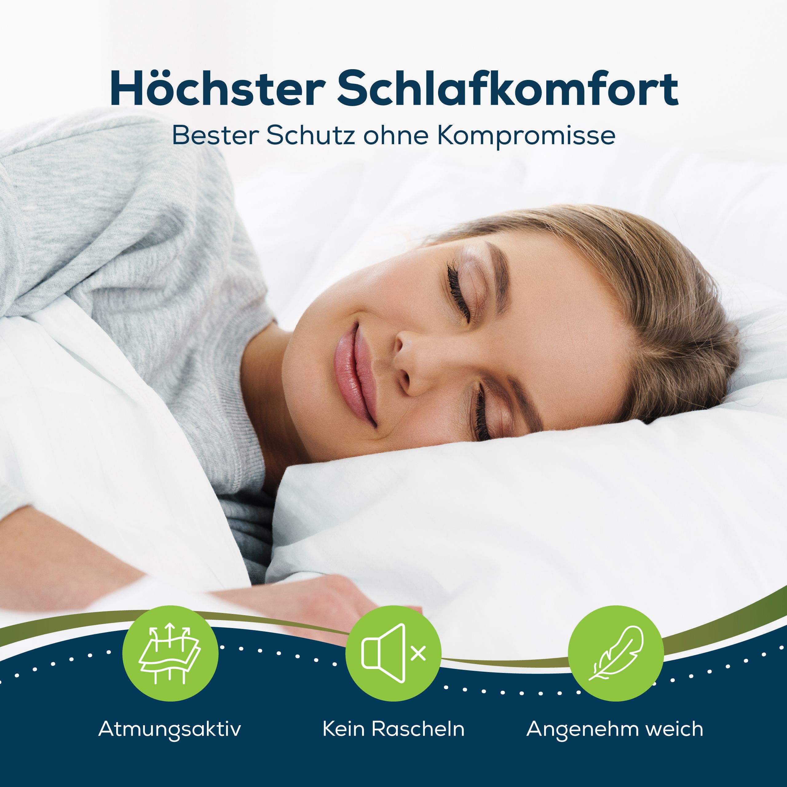 Frau schläft auf einem weißen Kissen. Atmungsaktiv, geräuschlos und weich. Höchster Schlafkomfort.