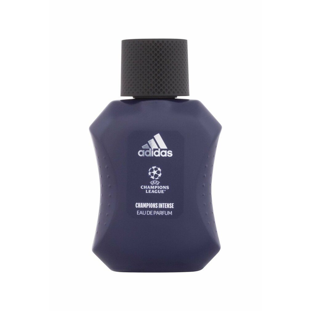 Blaue Flasche Adidas Champions League Intense Eau de Parfum. Schwarzer Verschluss. Adidas-Logo und Champions League-Emblem.