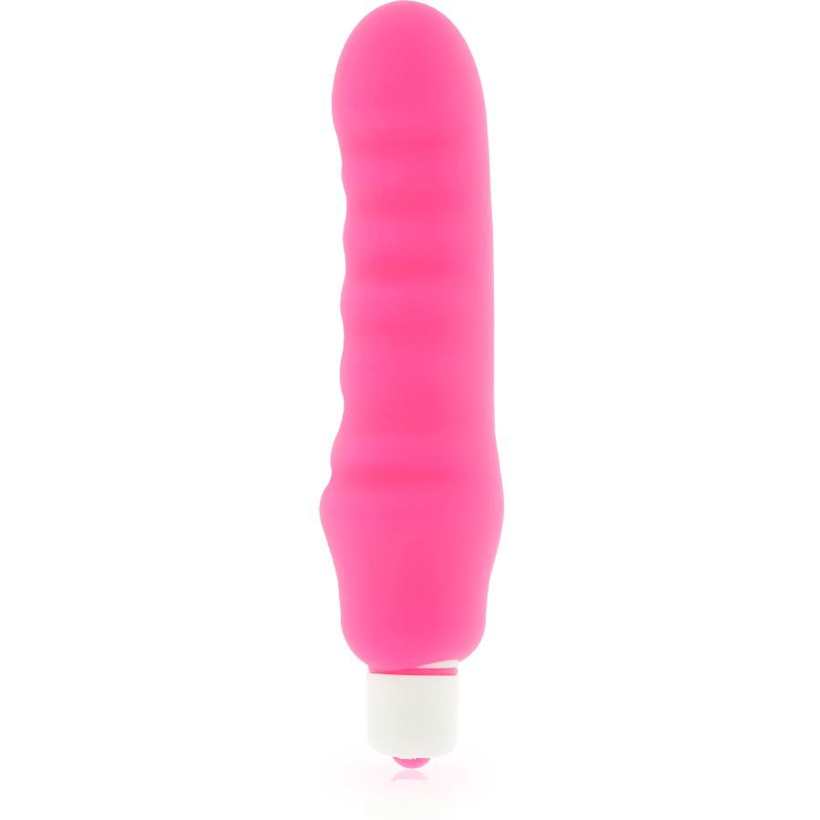 Rosa Silikon-Vibrator mit geriffelter Oberfläche und weißem Sockel. Längliche Form.