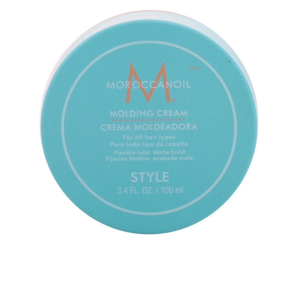 Türkisfarbene Dose mit weißem Deckel. Aufschrift: Moroccanoil Molding Cream. Orangefarbener Rand. Text: Style, 3.4 fl. oz. / 100 ml.