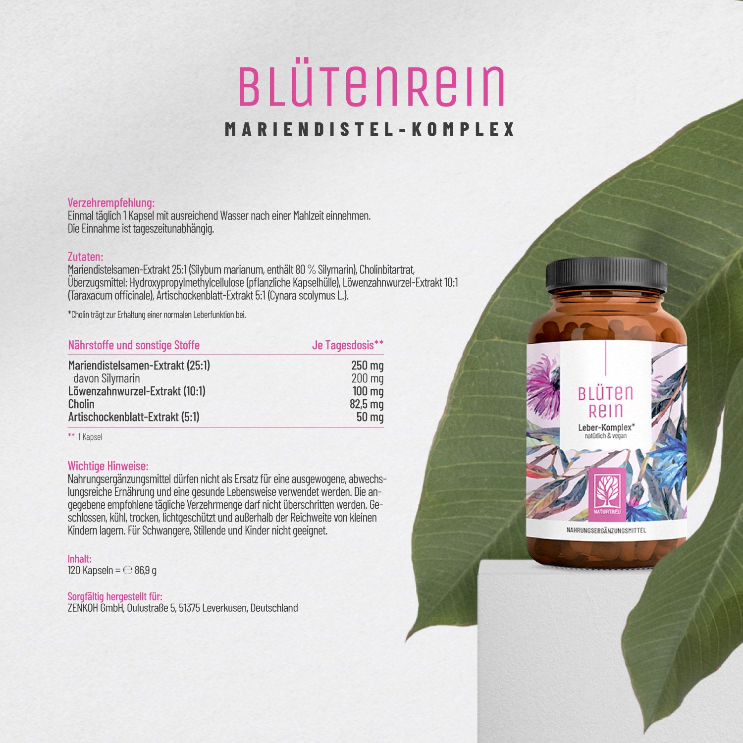 NATURTREU® BLÜTENREIN Mariendistel-Komplex Flasche mit detaillierten Produktinformationen.