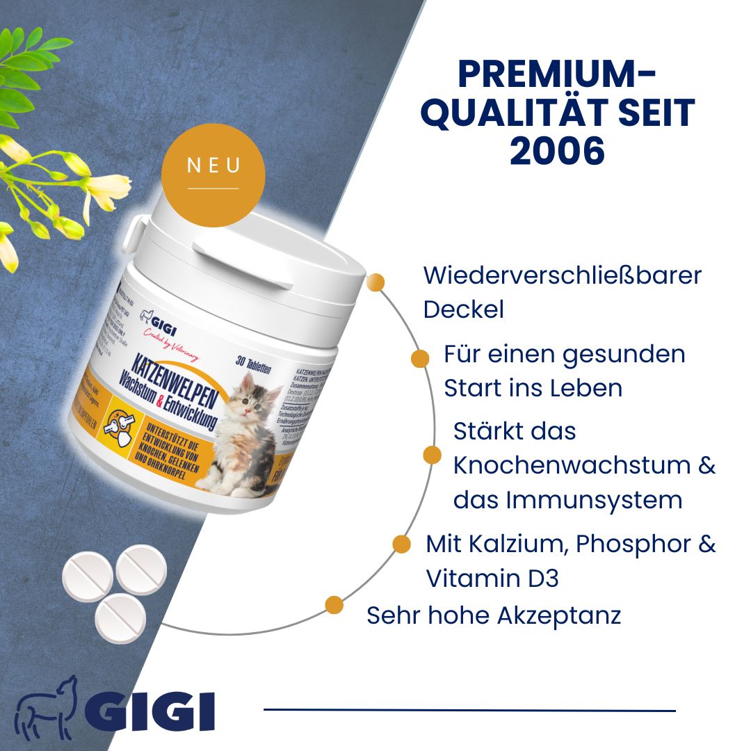 GIGI Katzenwelpen Wachstum & Entwicklung, 30 Tabletten. Wiederverschließbarer Deckel. Text: Premium-Qualität seit 2006. 3 Tabletten daneben.