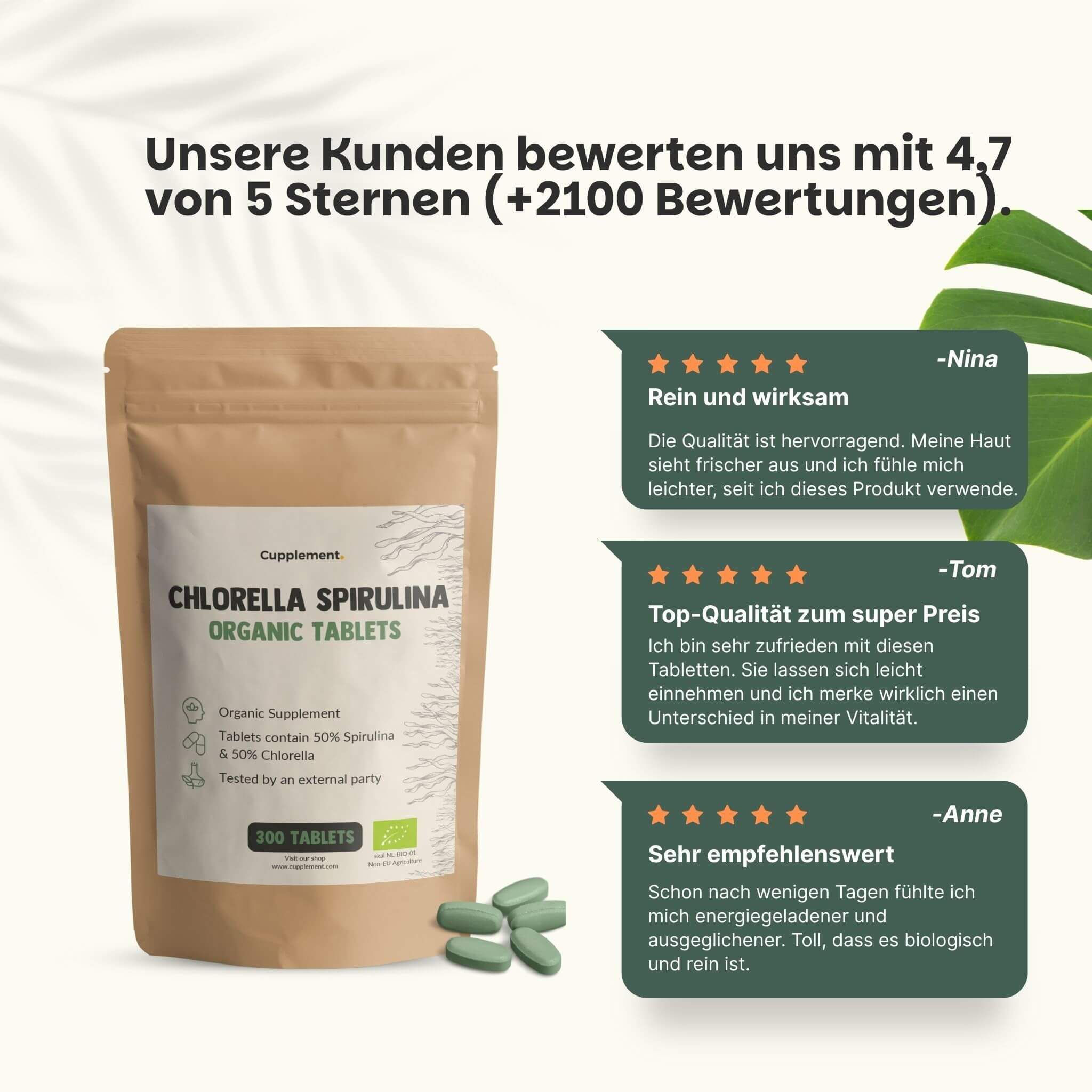 Beutel mit Tabletten. Text: Chlorella Spirulina Organic Tablets. 300 Tabletten. Kundenbewertungen: 4.7/5 Sterne.