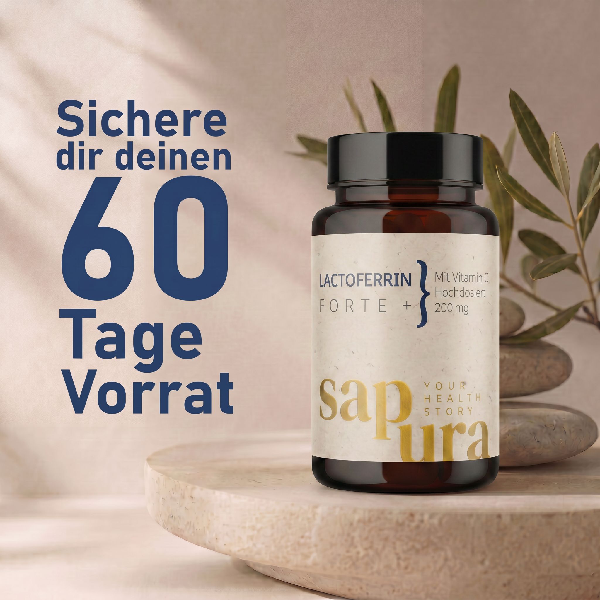 Flasche Lactoferrin Forte mit 60 Kapseln Vorrat. Sapura Health.