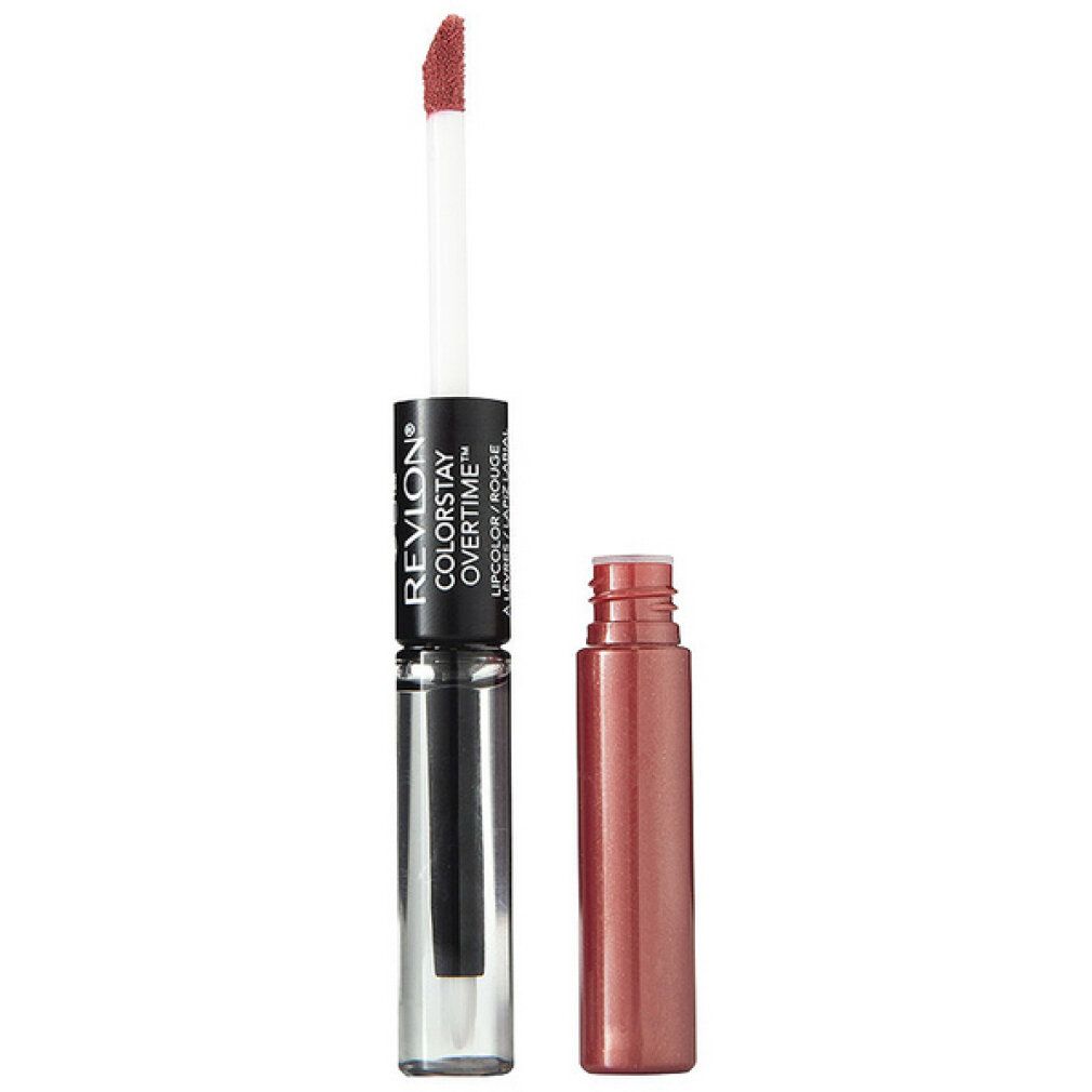 Revlon Colorstay Overtime Lipcolor. Lippenstift mit Applikator und separater Kappe. Produktname und Marke sichtbar. Farbe: Braunrot.