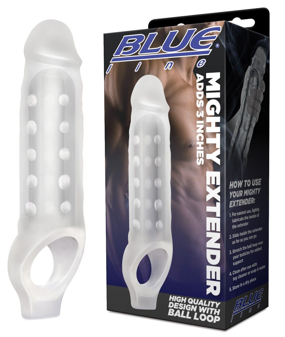 Transparente Penishülle mit Noppen und Ballschlaufe. Verpackung mit Produktname und Anwendungsanleitung.