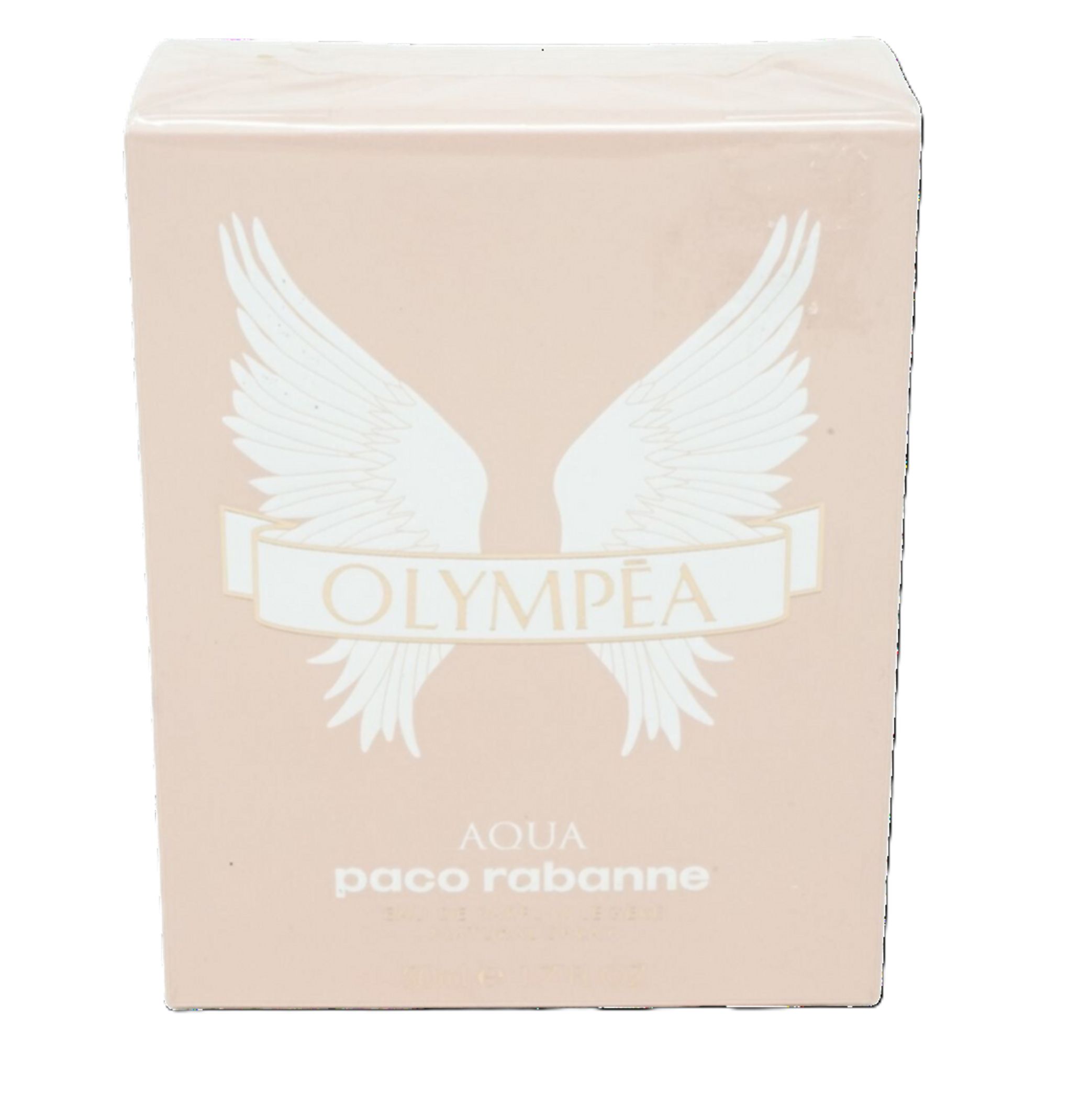 Verpackung. Text: OLYMPÉA, AQUA, paco rabanne. Flügel-Design. Rosa Hintergrund.