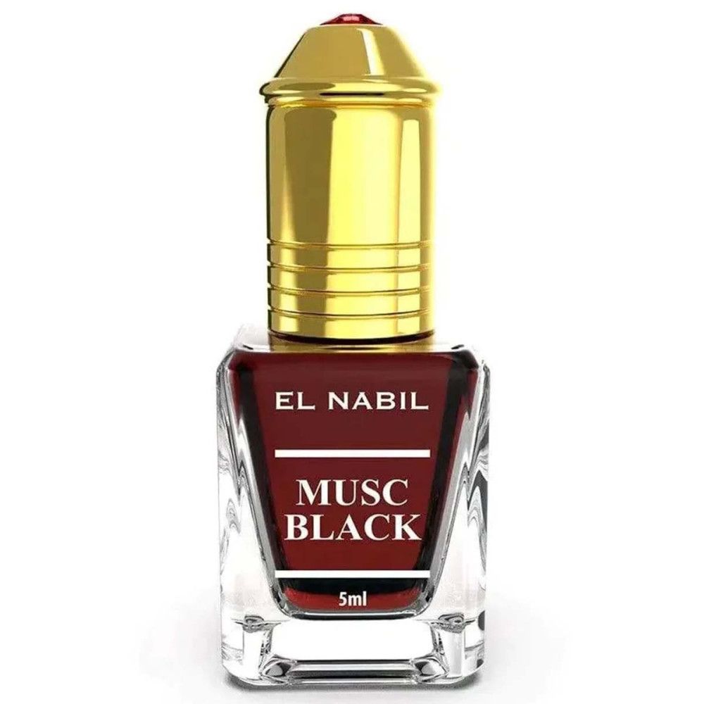 Parfumflakon mit goldfarbenem Deckel. Aufschrift: EL NABIL, MUSC BLACK, 5ml. Flüssigkeit in Rotbraun.