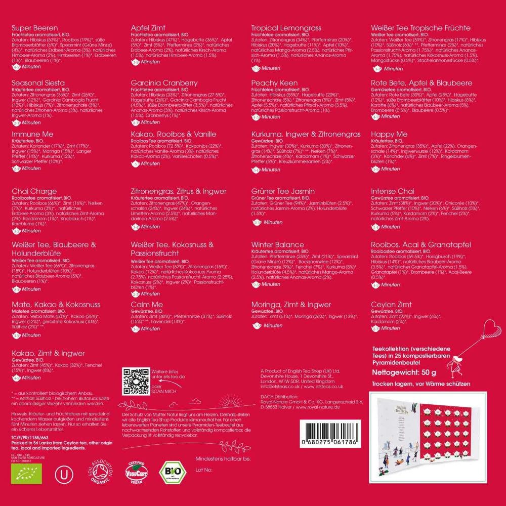 Rückseite des Adventskalenders mit 25 Teesorten-Beschreibungen. Logo, QR-Code, Bio-Siegel. Nettogewicht 50g.