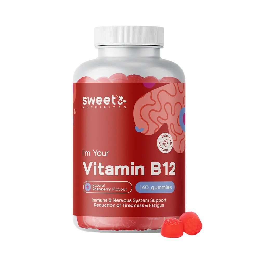 Vitamin B12 Gummies. Rote Gummibärchen in einer weißen Flasche. 140 Stück. Himbeergeschmack.