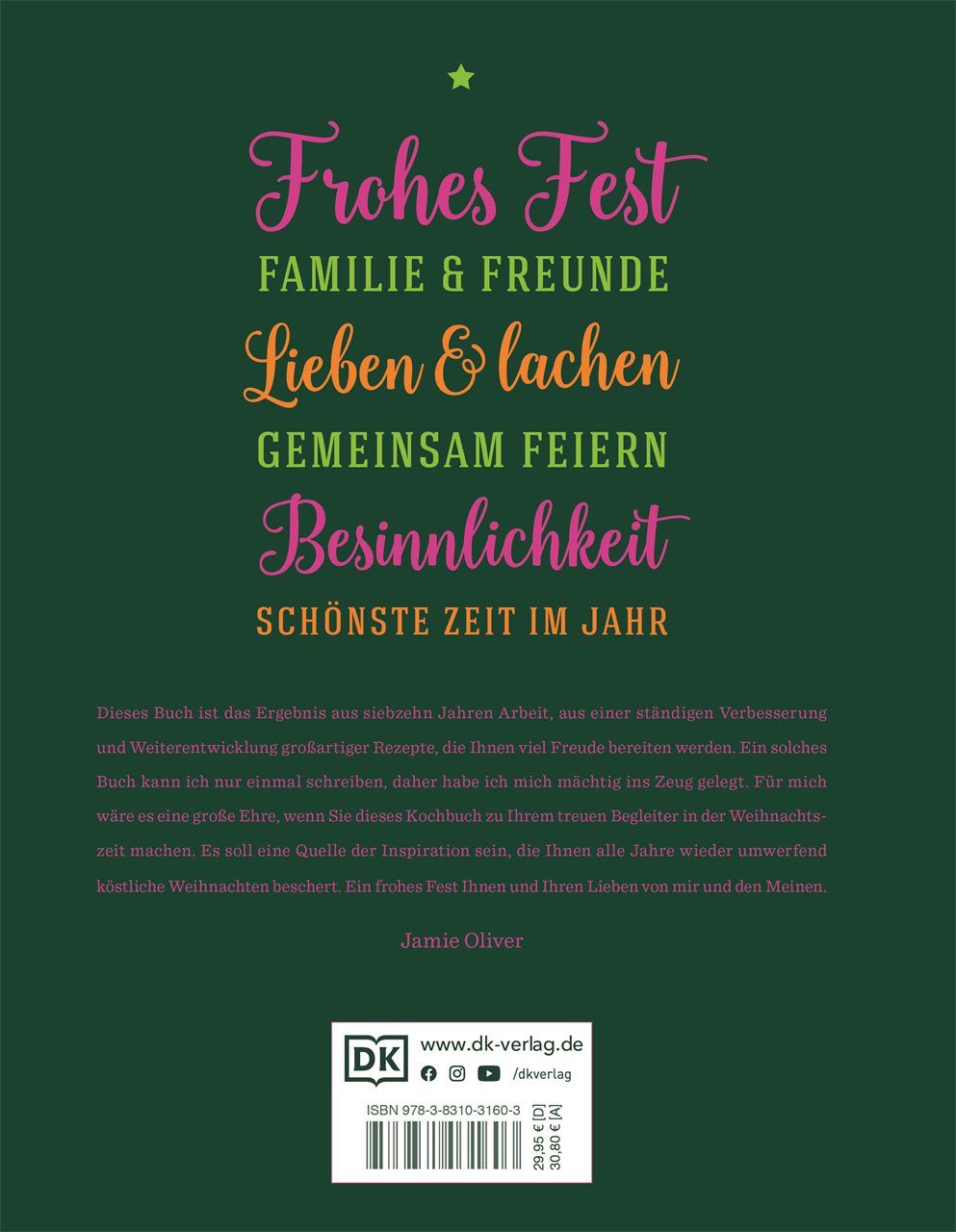 Rückseite des Kochbuchs. Text in Weiß: "Frohes Fest", "Familie & Freunde", "Lieben & lachen", "Gemeinsam feiern", "Besinnlichkeit".