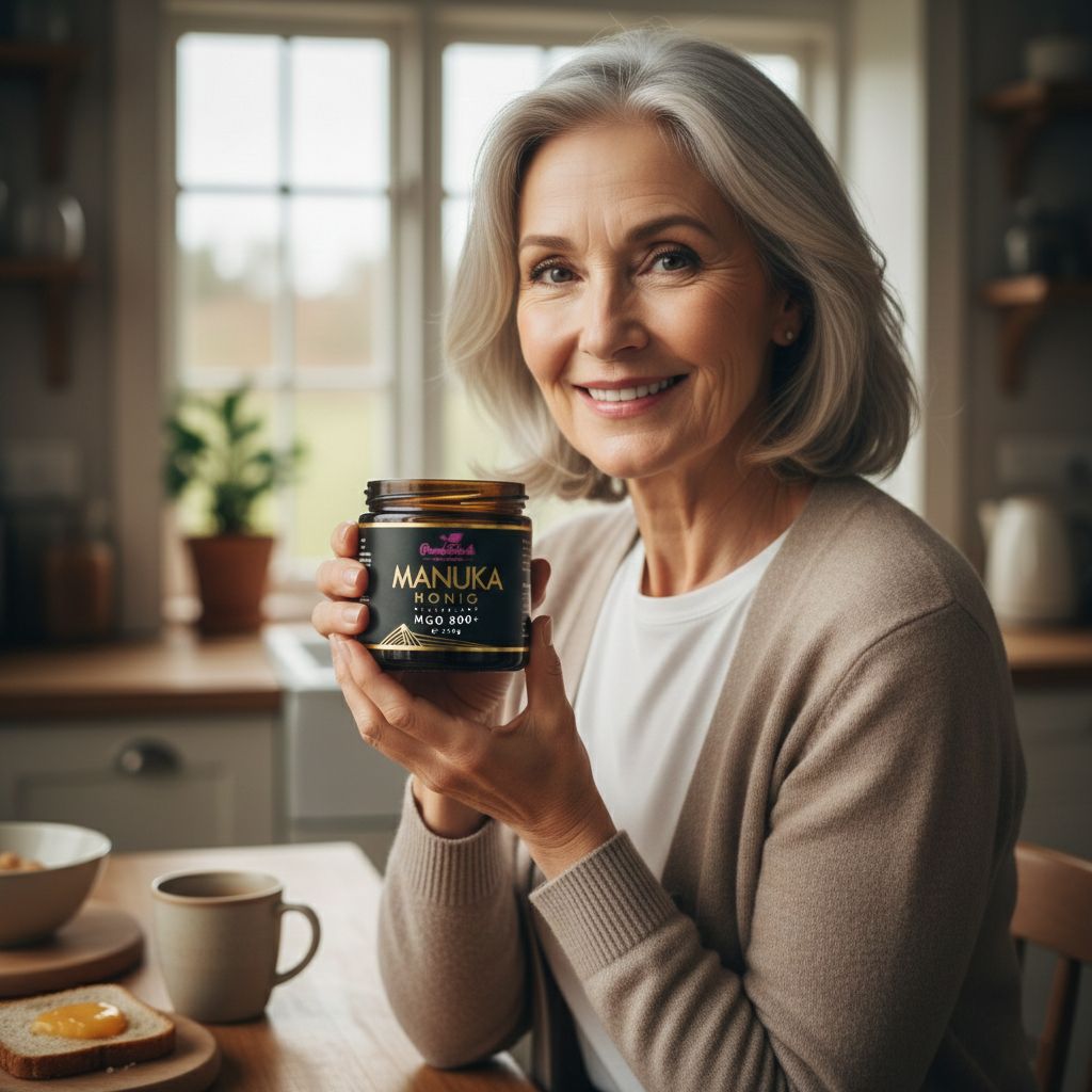 Frau hält ein Glas Manuka Honig. Aufschrift: PowerFabrik Manuka Honig, MGO 800+.