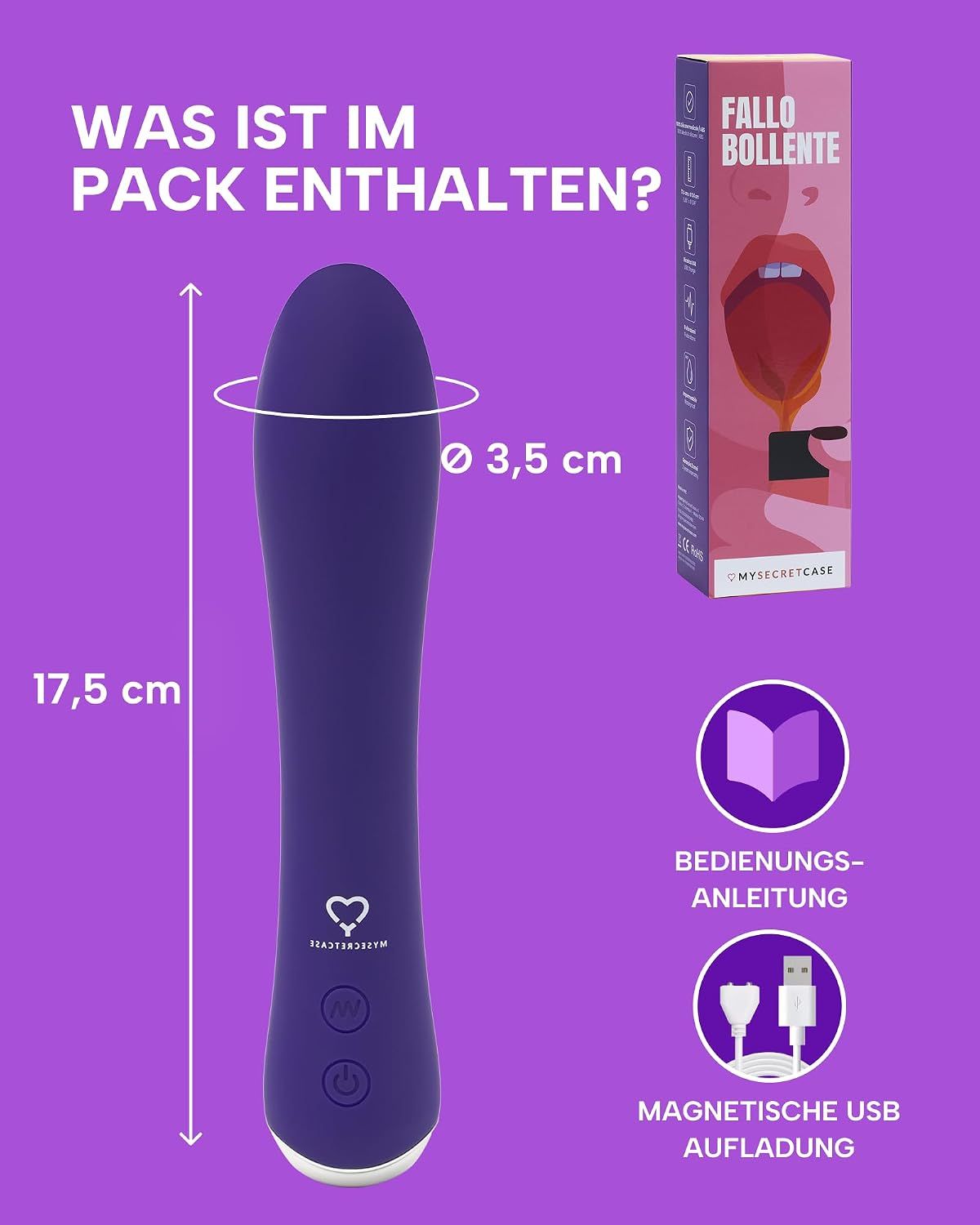 Lila Vibrator, 17,5 cm lang, 3,5 cm Durchmesser, mit USB-Ladekabel.