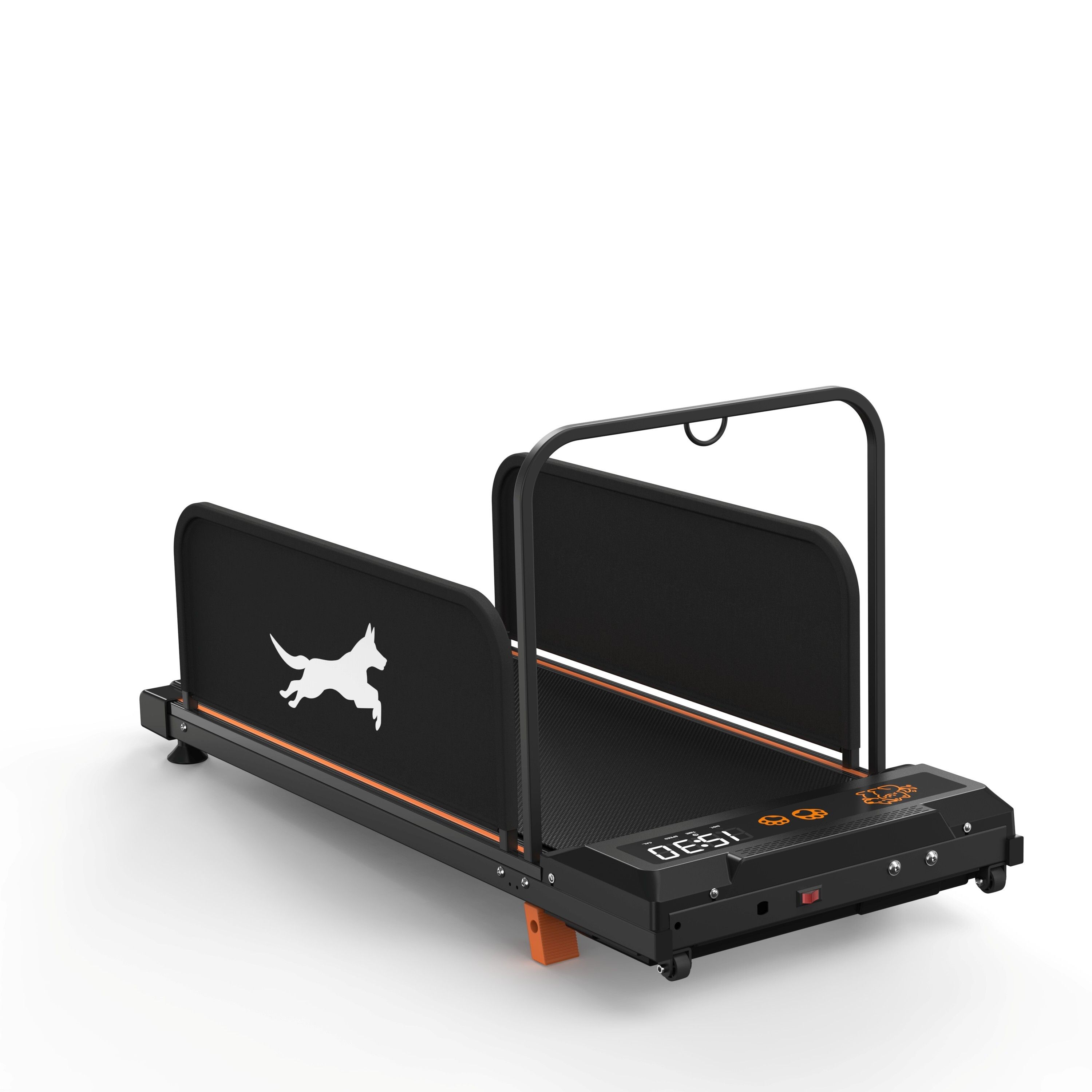 Schwarzes Laufband für Hunde mit seitlichen Schutzwänden und Haltegriff. Digitalanzeige.