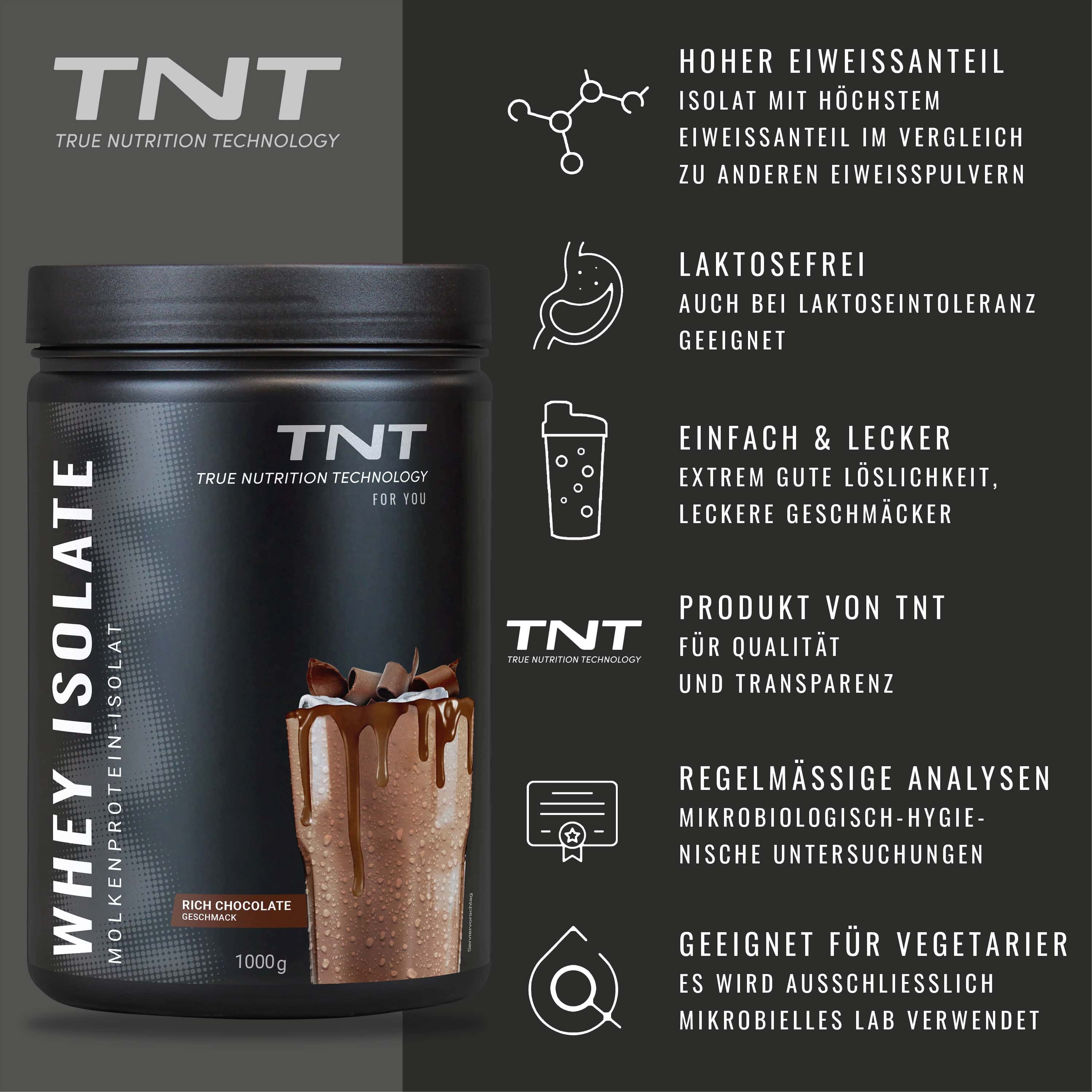 Schwarze Dose TNT Whey Isolate, 1000g, Rich Chocolate. Text mit Vorteilen: hoher Eiweißanteil, laktosefrei, einfach & lecker.