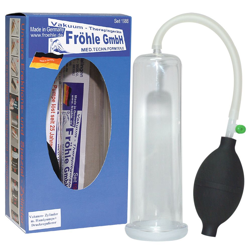 Fröhle GmbH Vakuum-Therapiegeräte Verpackung mit Produktabbildung und Informationen.