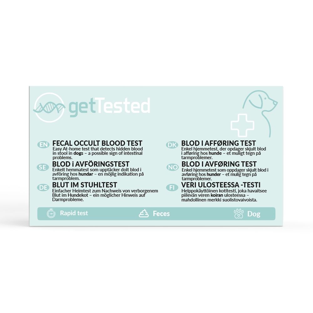 Verpackung von GetTested Test auf okkultes Blut im Stuhl (Hund). Aufschrift: Blut im Stuhltest. Enthält Test für Hunde.