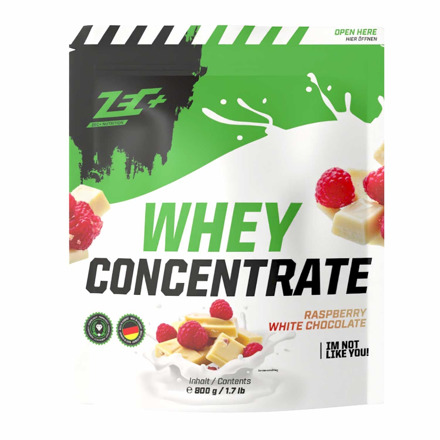 ZEC+ Whey Concentrate Beutel mit Himbeere-Weiße Schokolade. Produktabbildung mit Zutaten und Logo.