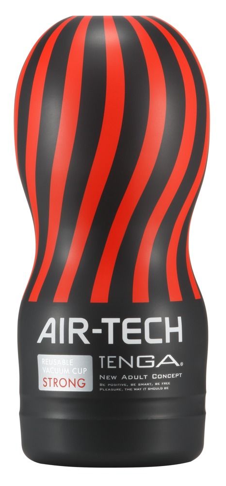 Schwarzes Produkt mit roten Streifen, AIR-TECH, TENGA, STRONG. Text: REUSABLE VACUUM CUP. NEW ADULT CONCEPT.