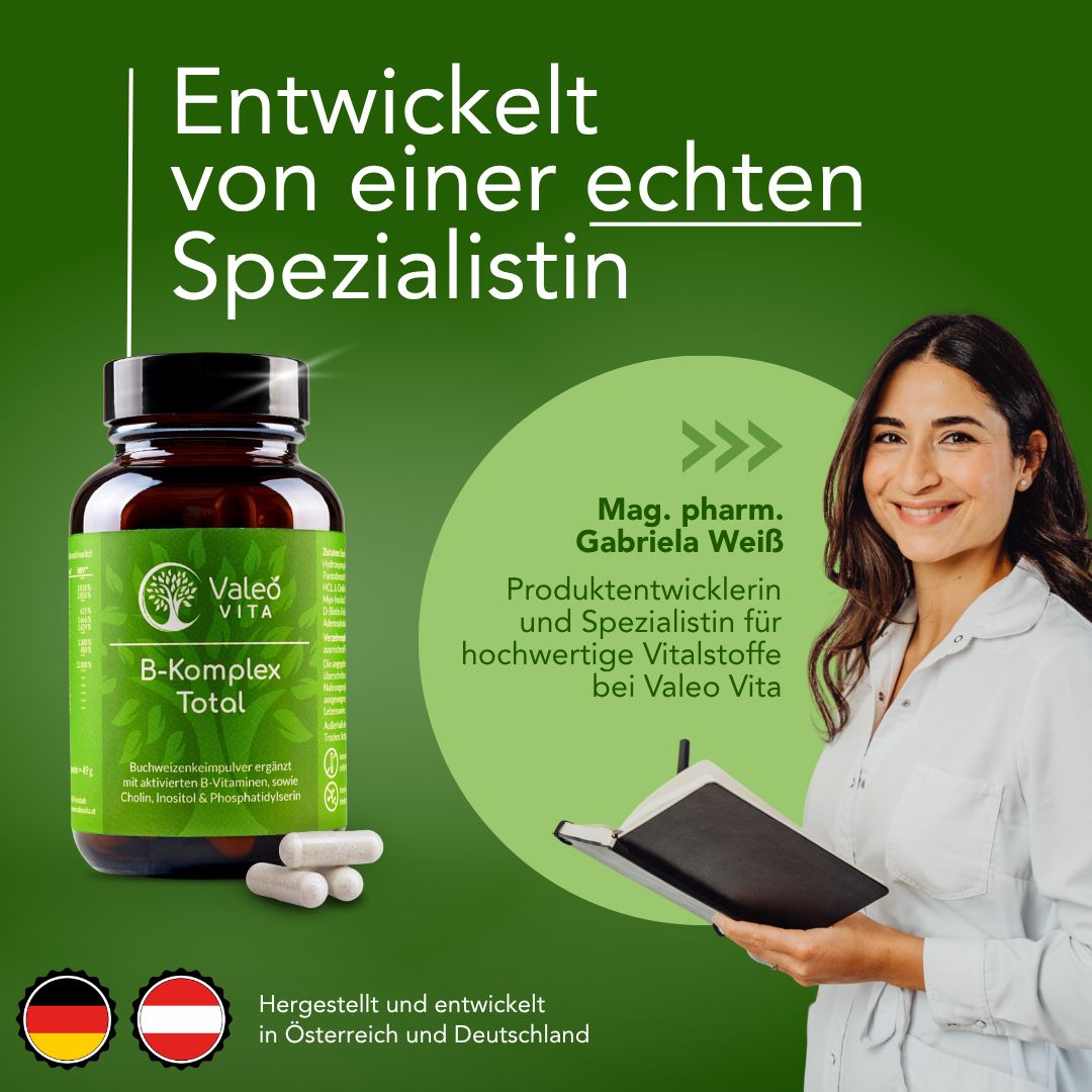 Frau mit Flasche Valeo Vita B-Komplex Total und Tabletten. Text: Entwickelt von einer echten Spezialistin.