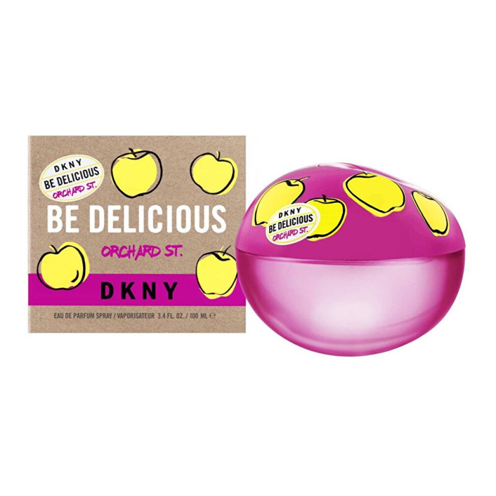 DKNY Be Delicious Orchard St. Eau de Parfum Spray 100 ml Flakon und Verpackung mit Äpfeln.