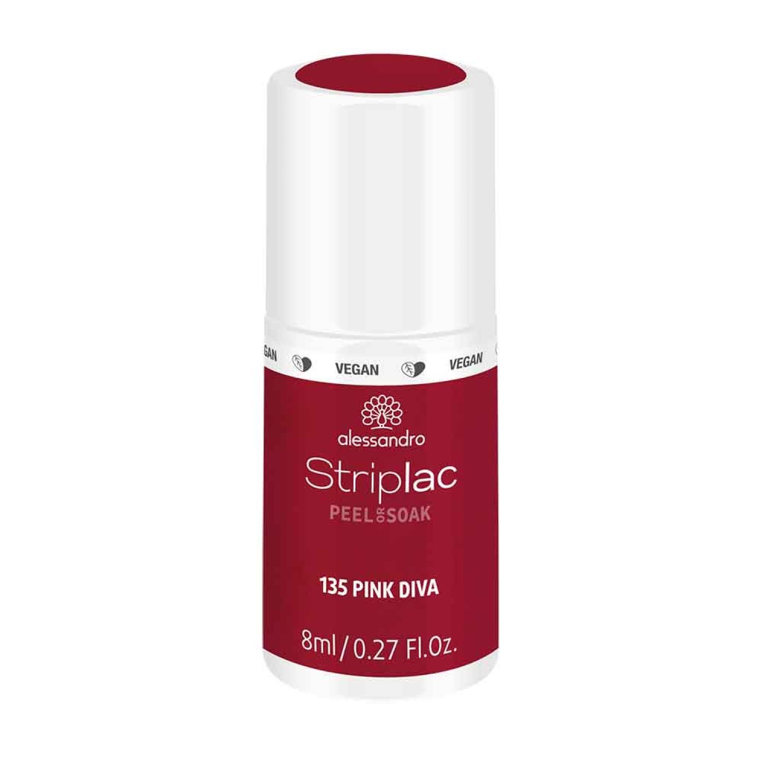 Nagellackflasche, weiß-rot, mit Aufschrift Alessandro StripLac, 135 Pink Diva, 8ml.