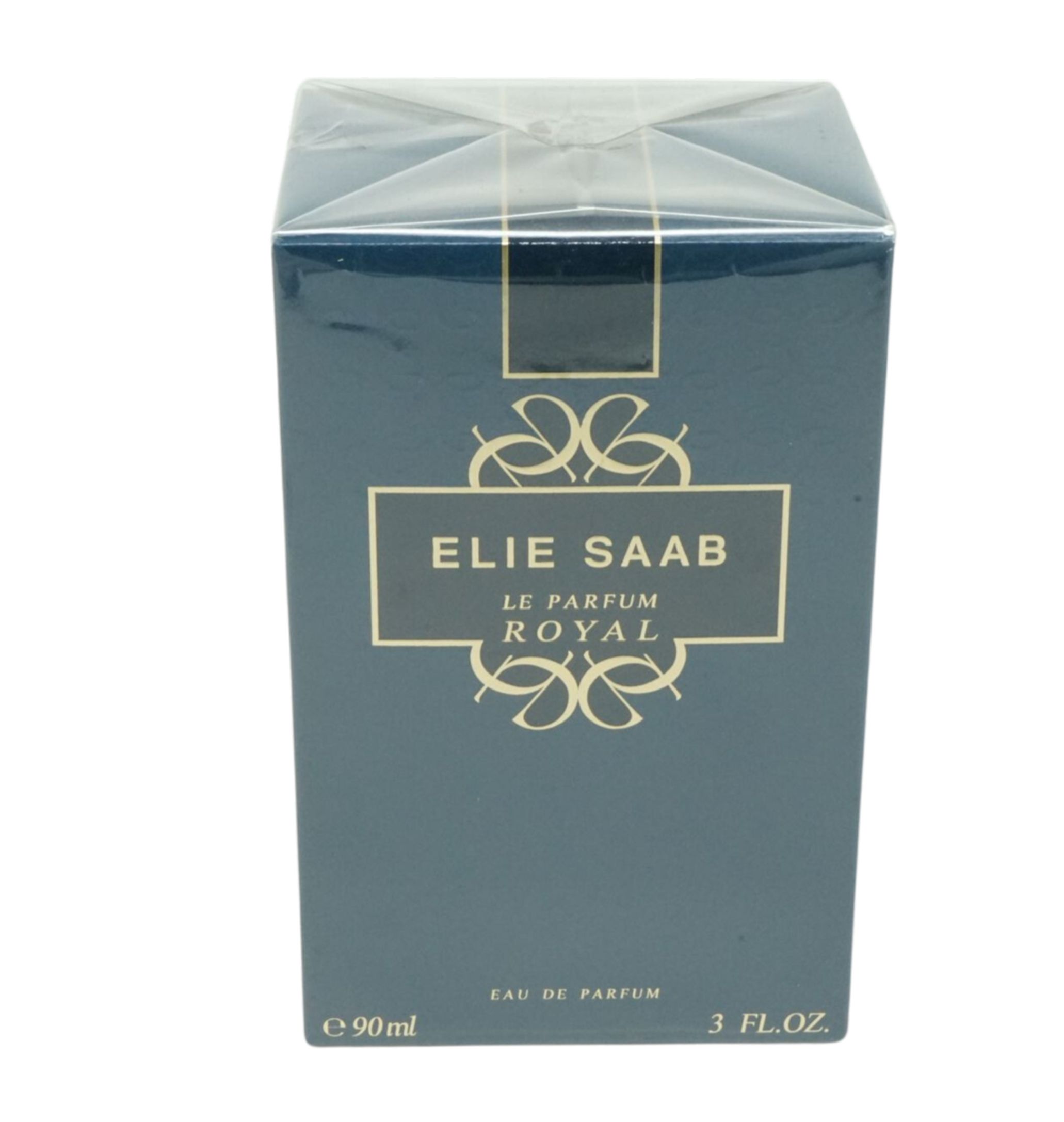Elie Saab Le Parfum Royal Eau de Parfum. Blaue Verpackung mit goldfarbenem Schriftzug. 90ml und 3 FL.OZ.