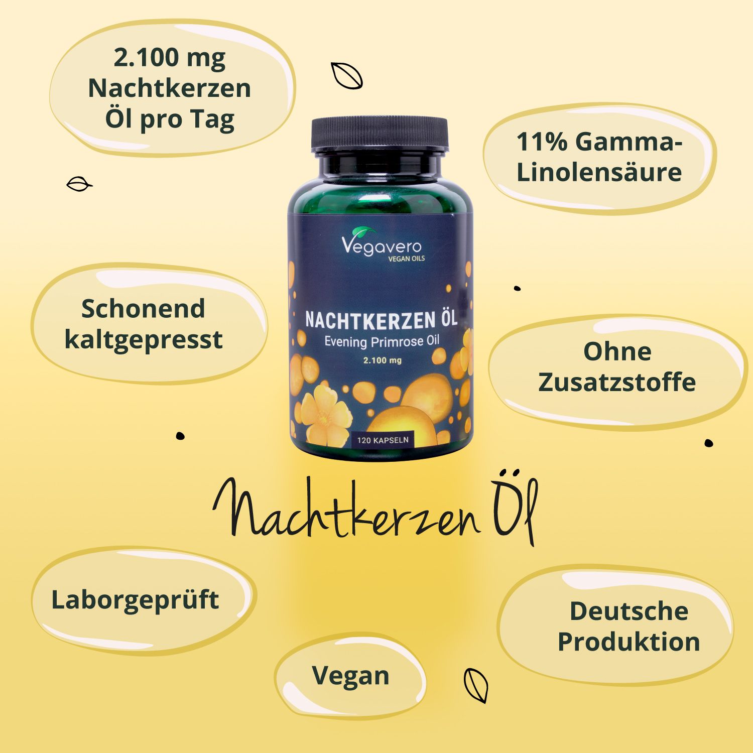 Grüne Flasche Nachtkerzen Öl, gelber Hintergrund, Text: 2.100 mg, 11% Gamma-Linolensäure, ohne Zusatzstoffe, vegan.