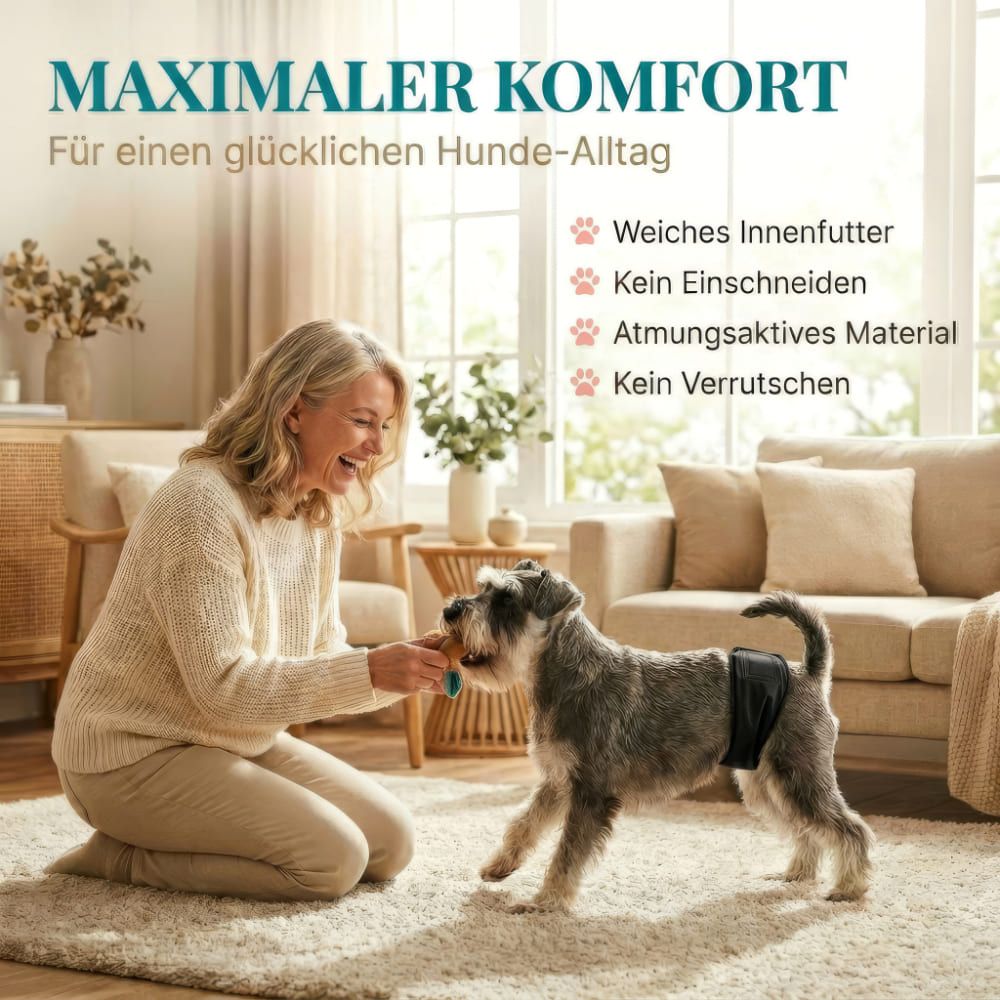 Frau und Hund. Hund trägt Windel. Text: Maximaler Komfort. Weiches Innenfutter. Atmungsaktives Material.