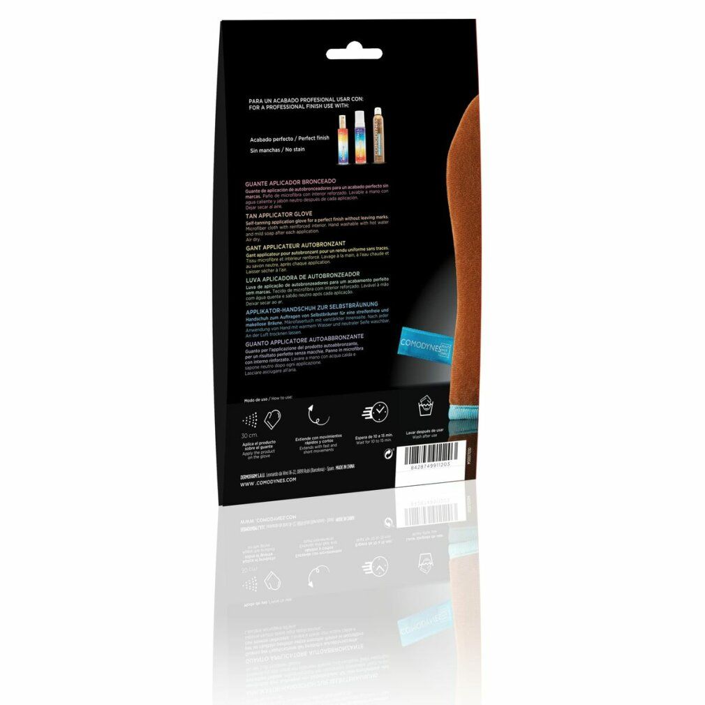 Verpackung mit Produktinformationen. Aufdrucke in mehreren Sprachen. Brauner Applikatorhandschuh. Blaues Etikett.