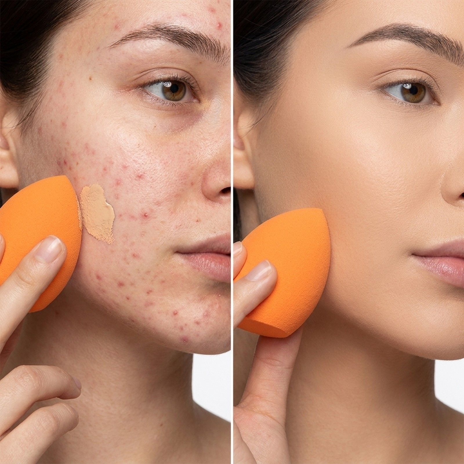 Vorher-Nachher-Vergleich: Haut mit Akne und ein orangefarbener Make-up-Schwamm links, makellose Haut mit aufgetragener Grundierung rechts.