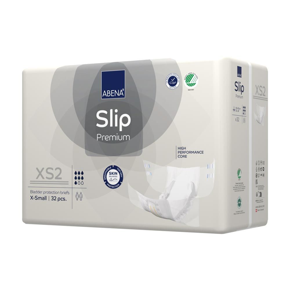 Abena Slip Premium XS2. Verpackung mit weißen Inkontinenz-Slips. Produktname, Logo und Zertifizierungen.