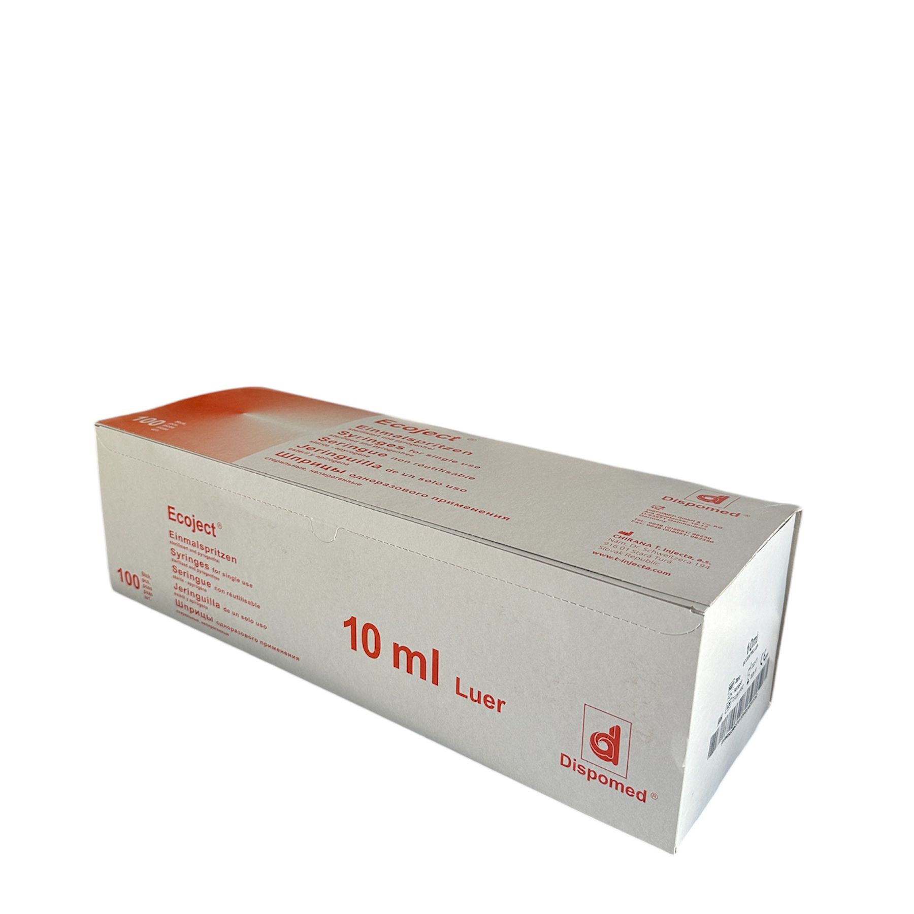 Karton mit Einmalspritzen. Aufschrift "10 ml Luer" und "Dispomed". Enthält 100 Stück. Produktname: Ecoject.