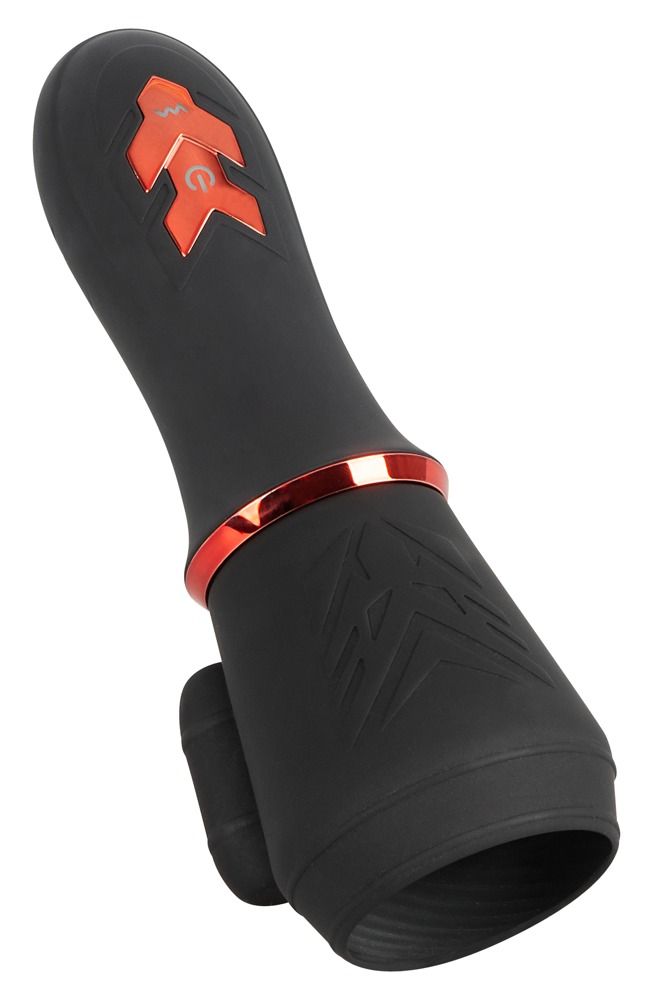 Schwarzer Masturbator mit rotem Akzent. Mit zwei Motoren. Schräge Ansicht.