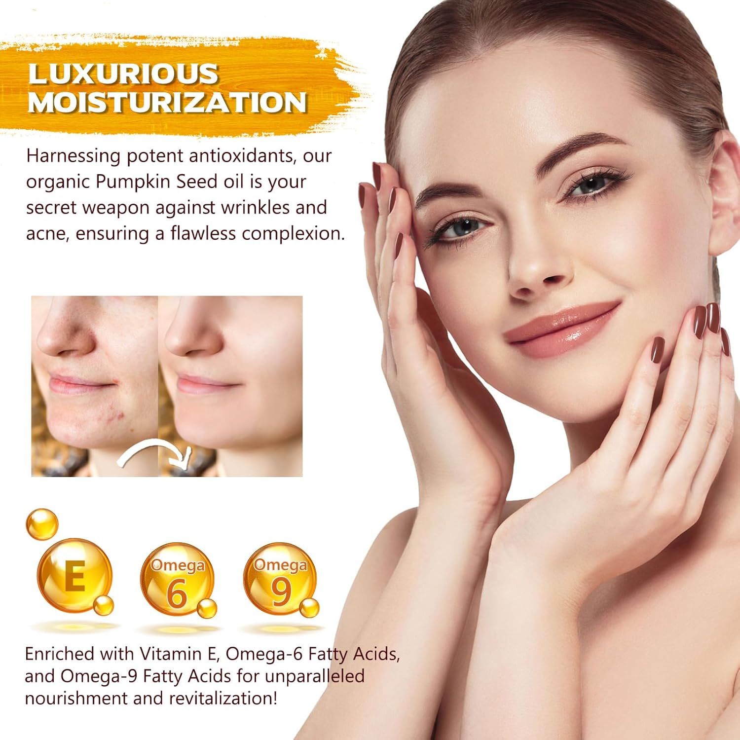 Frau mit Hautpflege. Text: Luxurious Moisturization, Pumpkin Seed Oil. Illustrationen von Vitaminen und Fettsäuren.