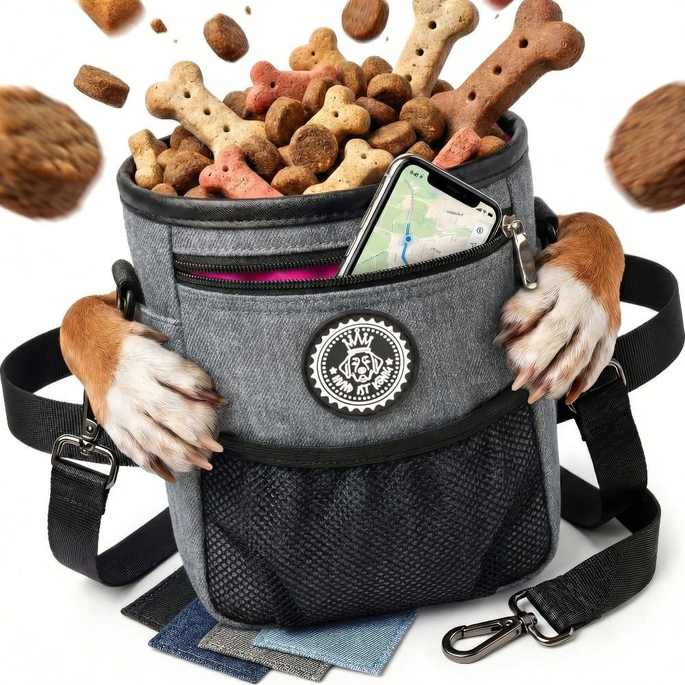 Grauer Futterbeutel mit Leckerlis und Smartphone. Schwarzer Schultergurt und Pfoten. Logo-Patch. Beutel gefüllt mit Hundesnacks.