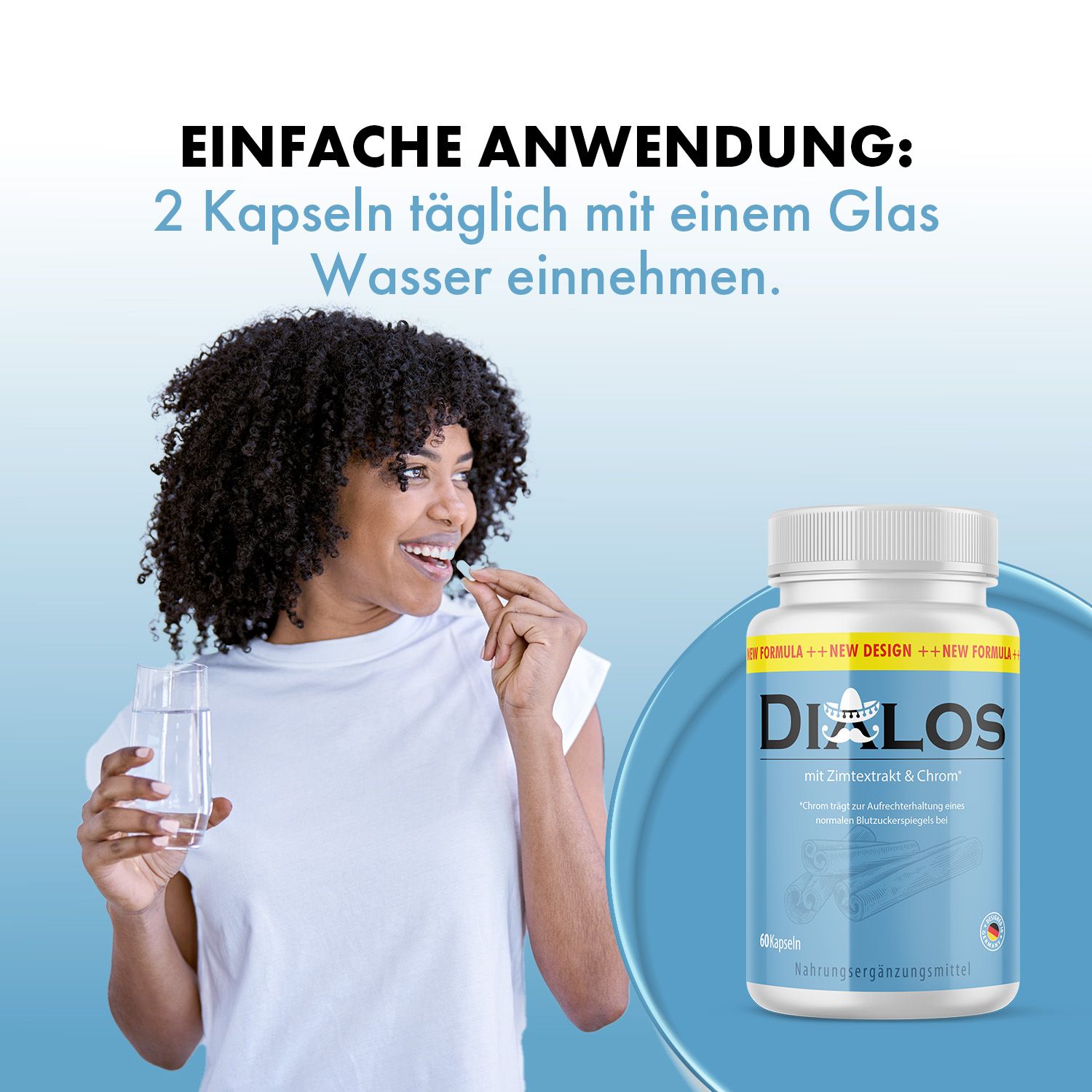 Frau nimmt Kapsel ein. Auf dem Tisch: Glas Wasser und Flasche mit Aufschrift: Dialos mit Zimtextrakt & Chrom. 60 Kapseln. Nahrungsergänzungsmittel.