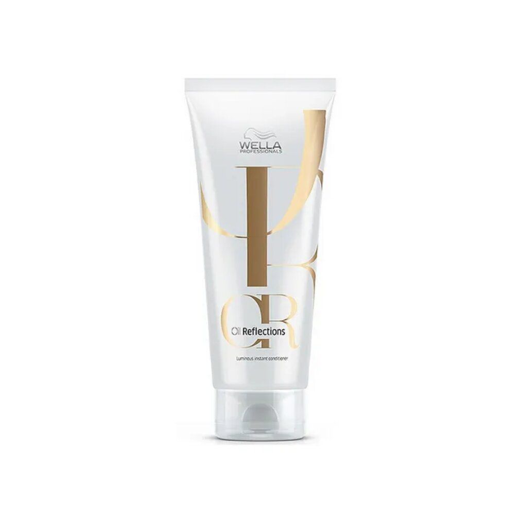 Weiße Tube mit goldfarbenem Schriftzug. Aufschrift: Wella Oil Reflections Luminous Instant Conditioner. Produktverpackung.