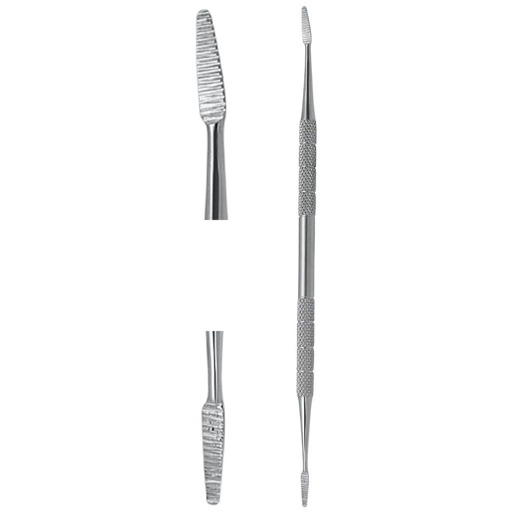 Doppelseitige Nagelfeile aus Metall. Ein Ende spitz, das andere mit geriffelter Oberfläche. Griff gerändelt.