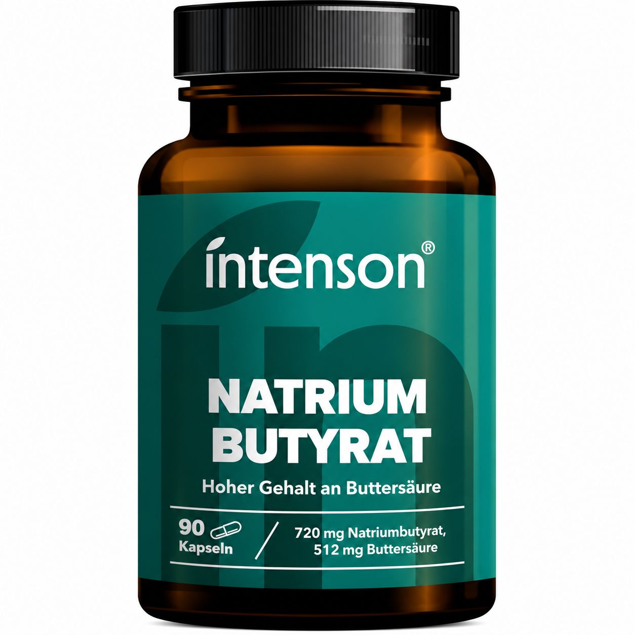 Weiße Flasche mit "Natrium Butyrat 720 mg" Aufschrift, 100 vegane Kapseln.